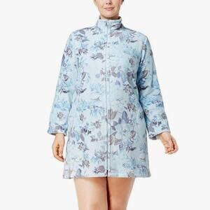 Miss Elaine Plus Size Fleece Floral-Print Short Robe Blue Floral Size 1X